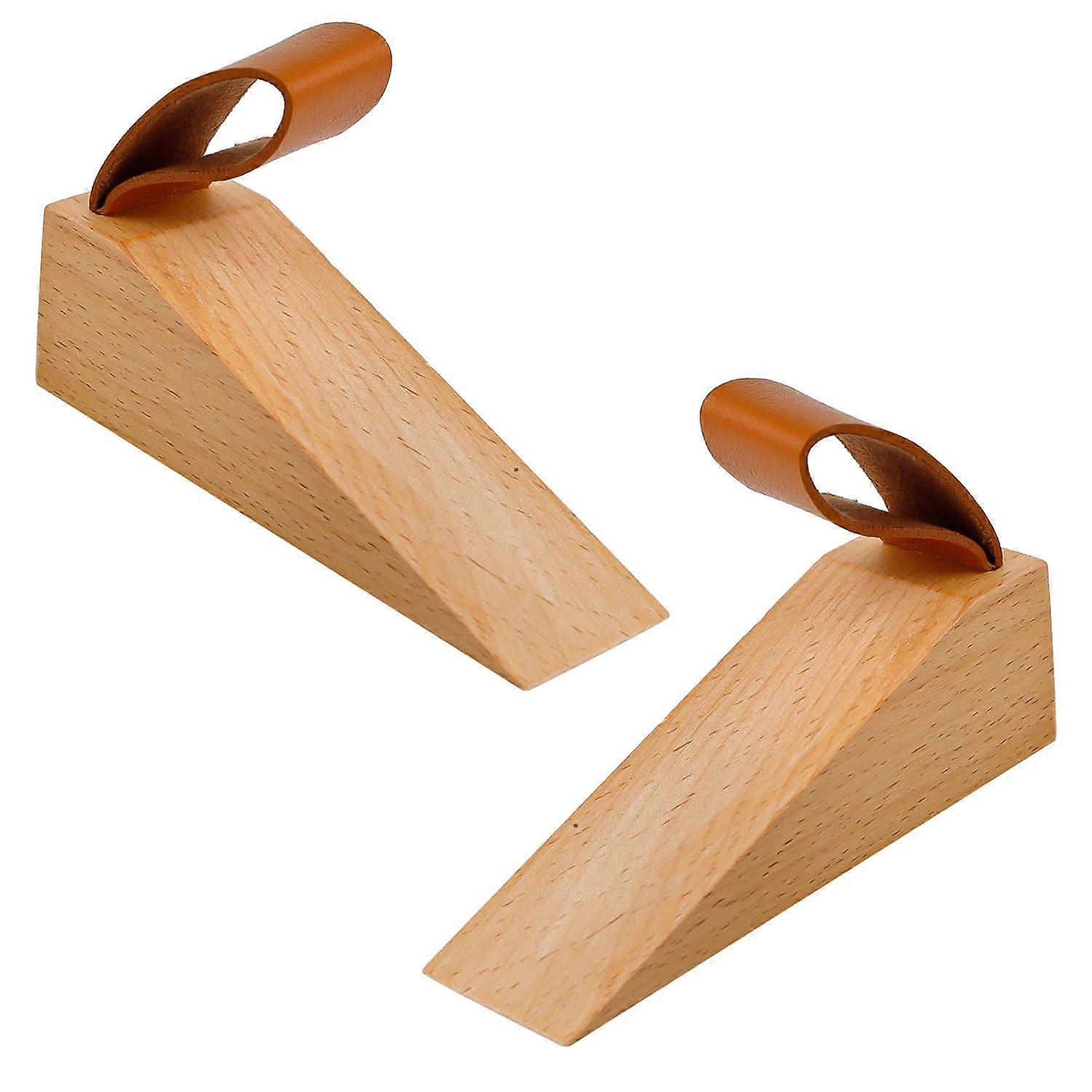 Beech Wood Door Stops Pack Of 2 112mm X 35mm Non Slip Backing With Cord For Door Gaps 5-30mm