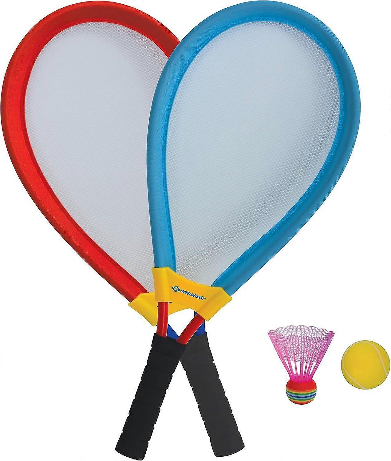 Racket set, jumbo badminton, two extra large badminton rackets XL with stretch net, soft ball and colored shuttlecocks