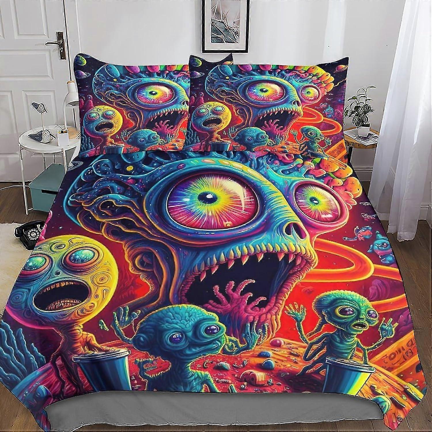 Unique Alien Monster Duvet Cover Set with Pillowcases, 3D Printed Bedding with Zipper Closure, Psychedelic Art Quilt Cover