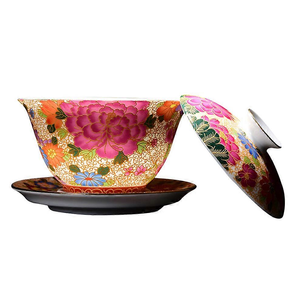 Ceramic Tea Bowl with Lid – Lightweight Vintage Style Porcelain Cup Featuring Retro Floral Design