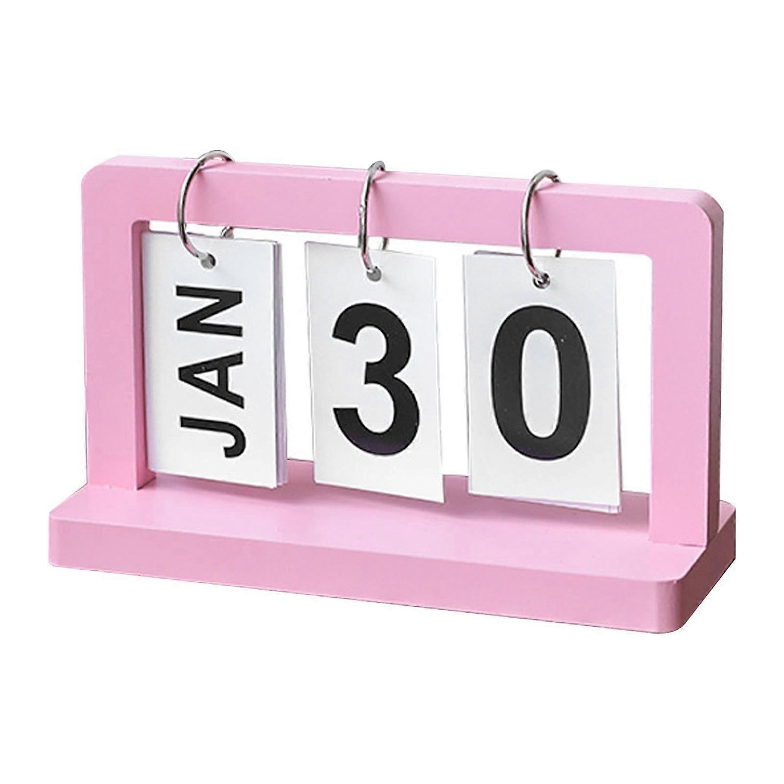Perpetual Desk Calendar - Wooden Standing Small Desktop Kalender with Large Display, Pink Home Decor for Daily Use