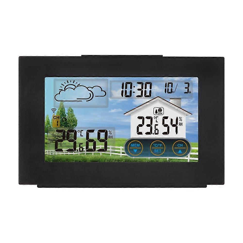 Digital screen, meteorological clock, weather forecast clock, black, with temperature and humidity sensor for indoor and outdoor use