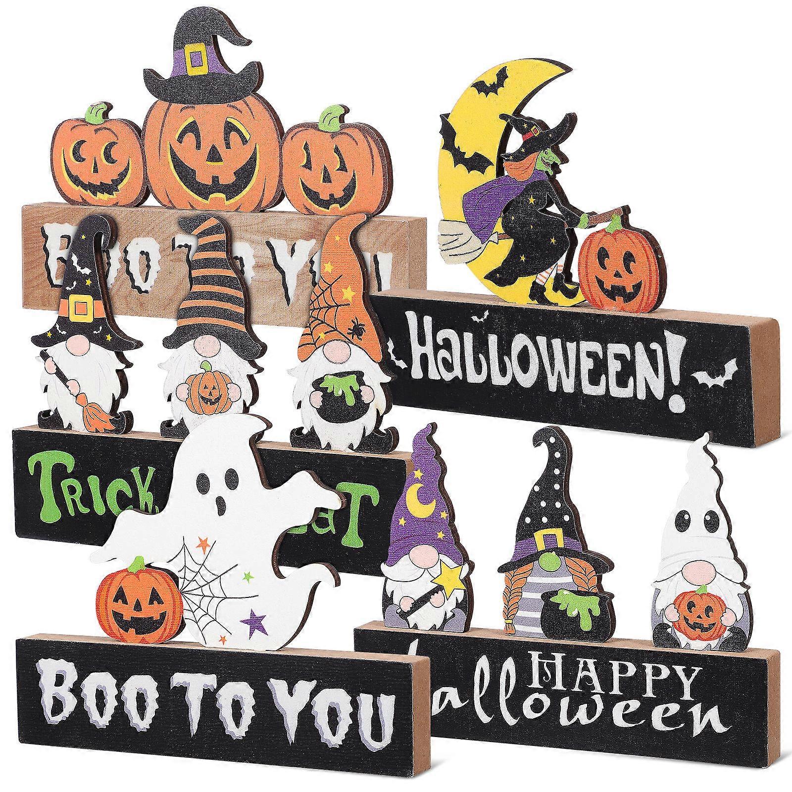 Wooden Halloween Centerpiece Signs 5pcs Set Decorative Tabletop Ornaments for Party, Indoor Haunted House & Photo Props Crafted Wood Party