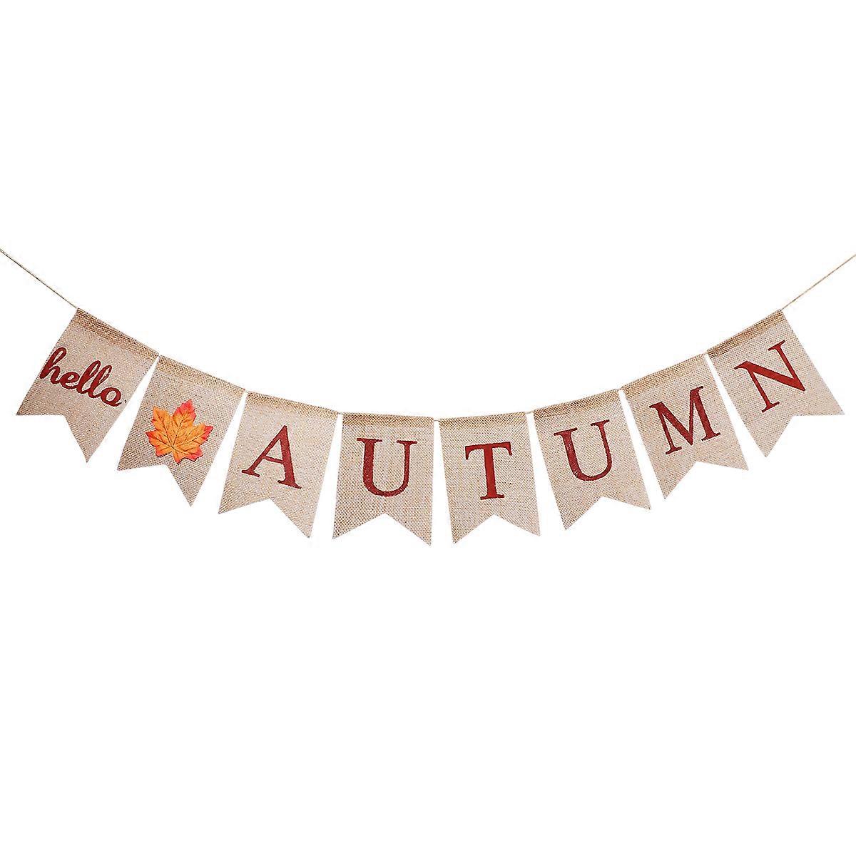 Festival Bunting Autumn Leaves Garlands Amosfun Hello Autumn Brown Letter Printing Maple Leaves Bunting Linen Swallowtail Shape 1Pcs