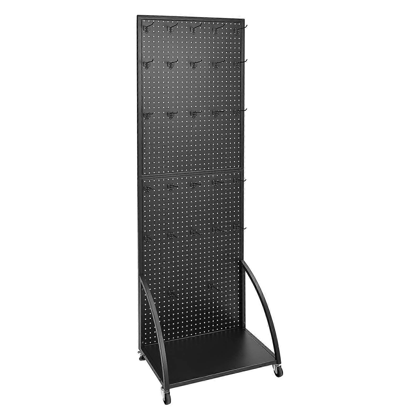 Standing Pegboard Display with Base Plate, 60 x 170 cm with Casters and 30 Hooks, Thickened Cold-Rolled Steel Peg Board, Black