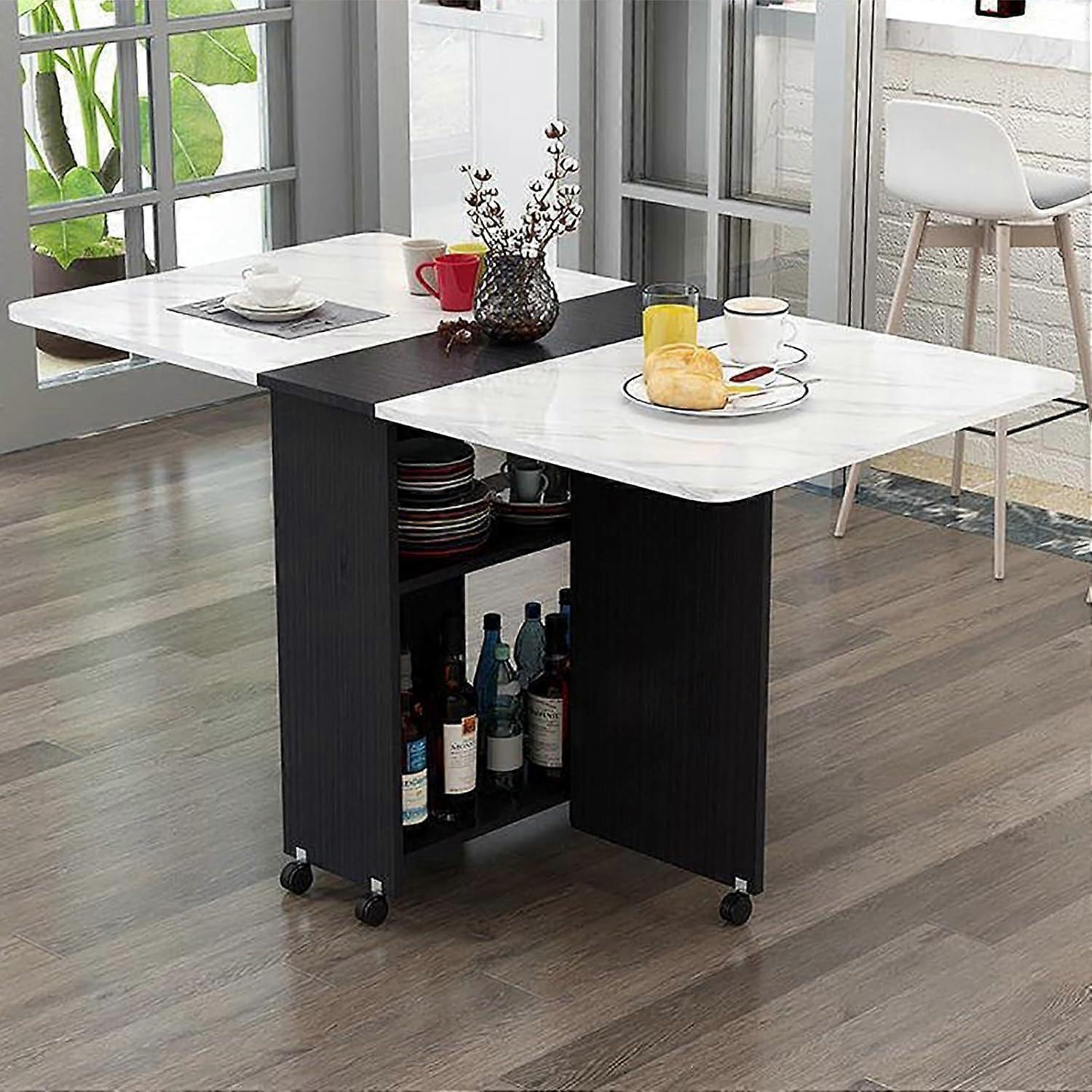 Spacesaving folding dining table, mobile dropleaf table with 6 wheels, foldable, extendable, versatile table with 2 open shelves, black wood