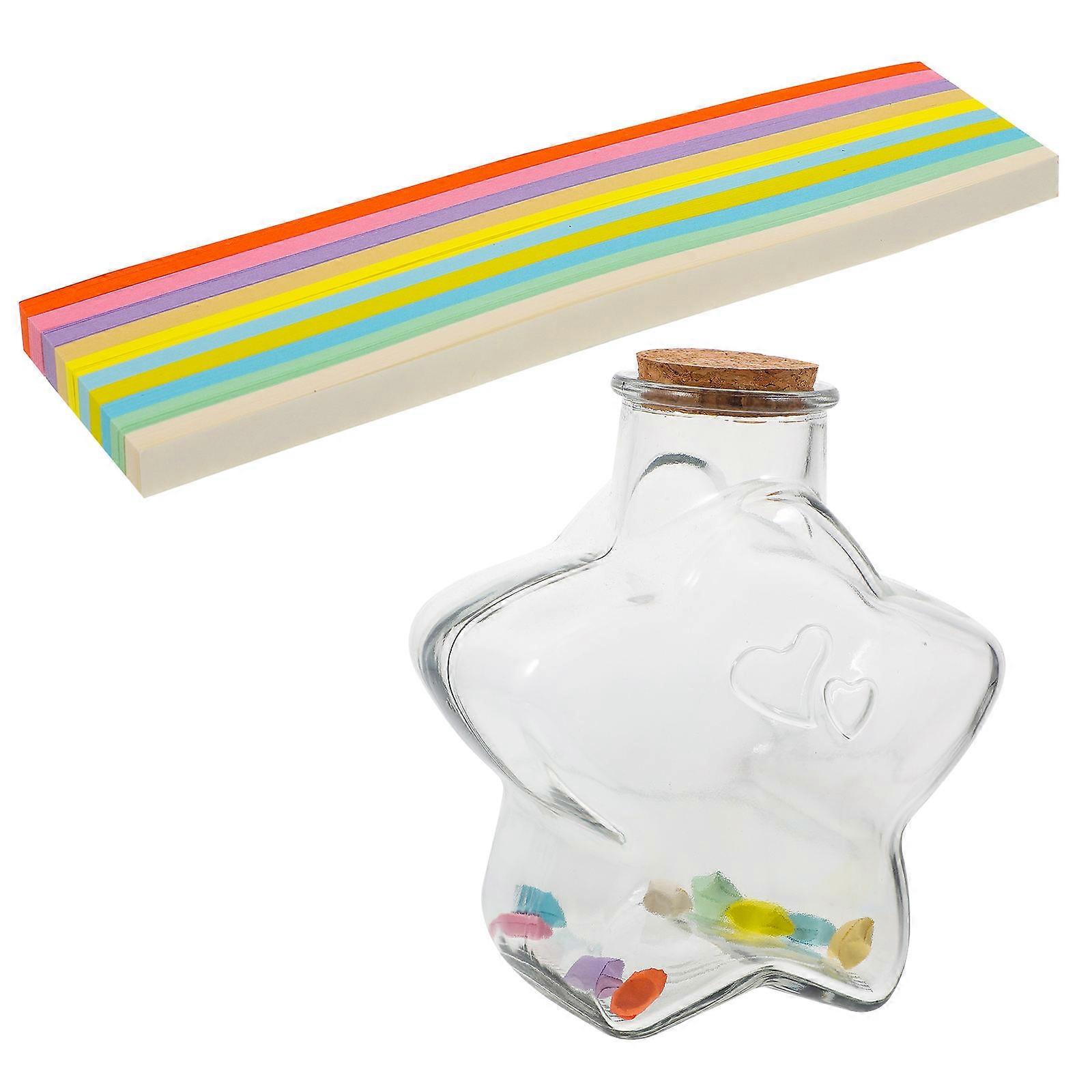 Wishing Bottle with Glass Jar and PU Cover Assorted Color Origami Paper Strips for DIY 1 Set