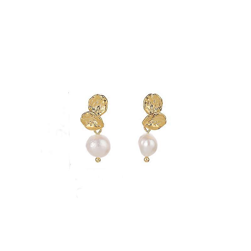 Copper Plated 18K True Gold Freshwater Pearl Earrings Temperament High Sense Earrings Simple High Ins Style-Golden
