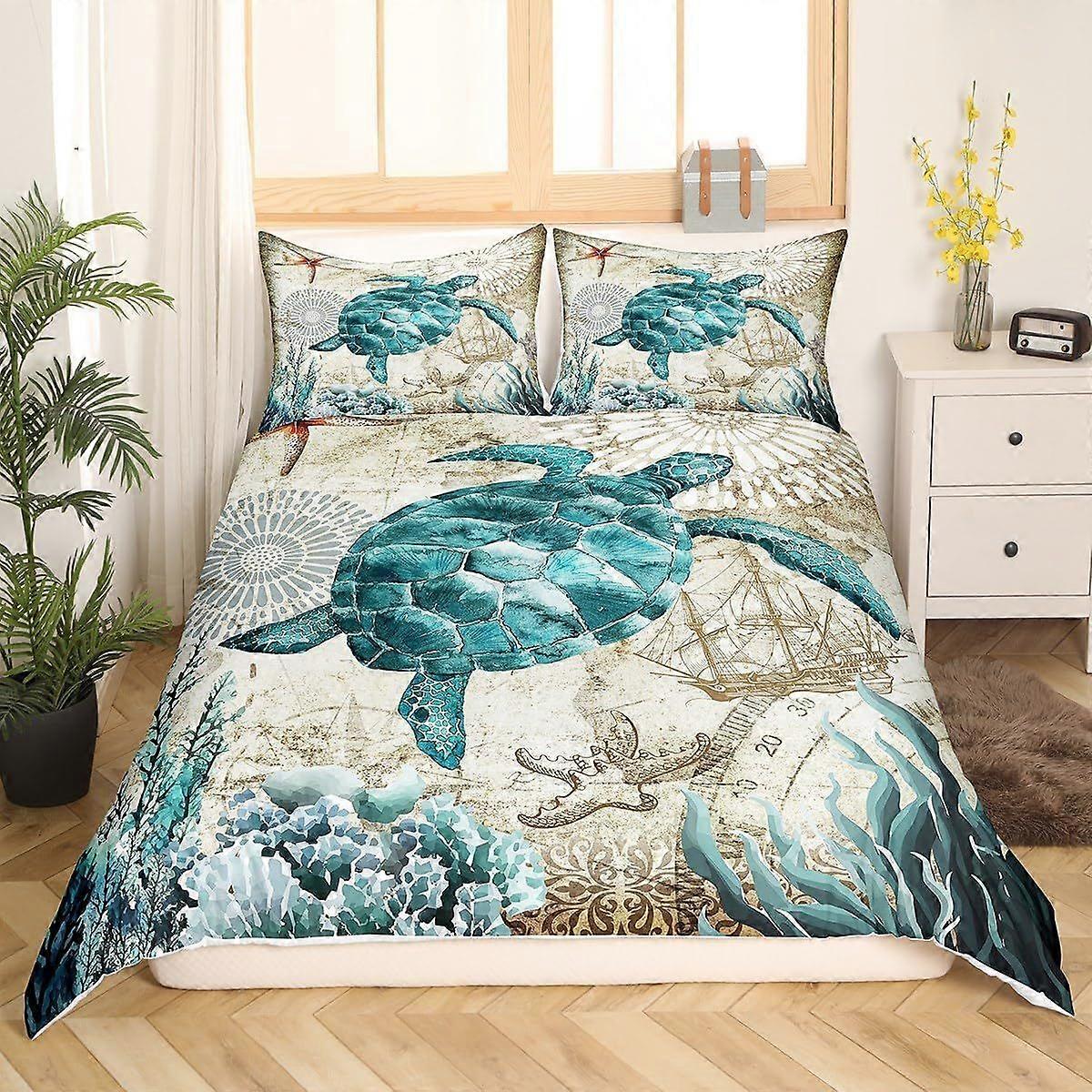3D havssköldpadda sängkläder set blå tvilling för pojkar barn flicka ocean strand tema 3 delar påslakan barn tonåringar retro sköldpadda täcke täcke hawaiiansk ti