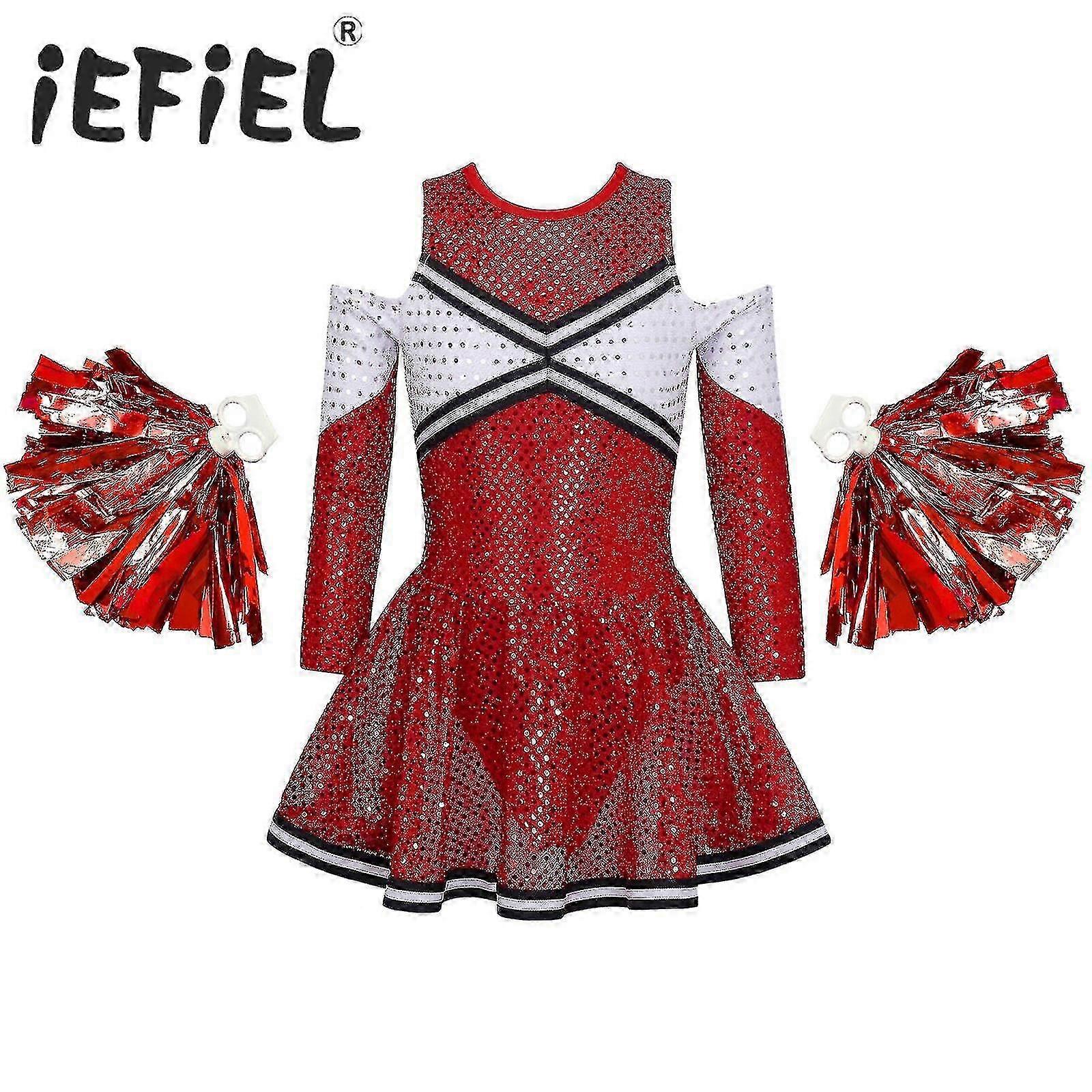 Kids Girls Cheerer Costume Uniform Sets Off-shoulder Shiny Sequins With 1 P Flower Set For Cheer