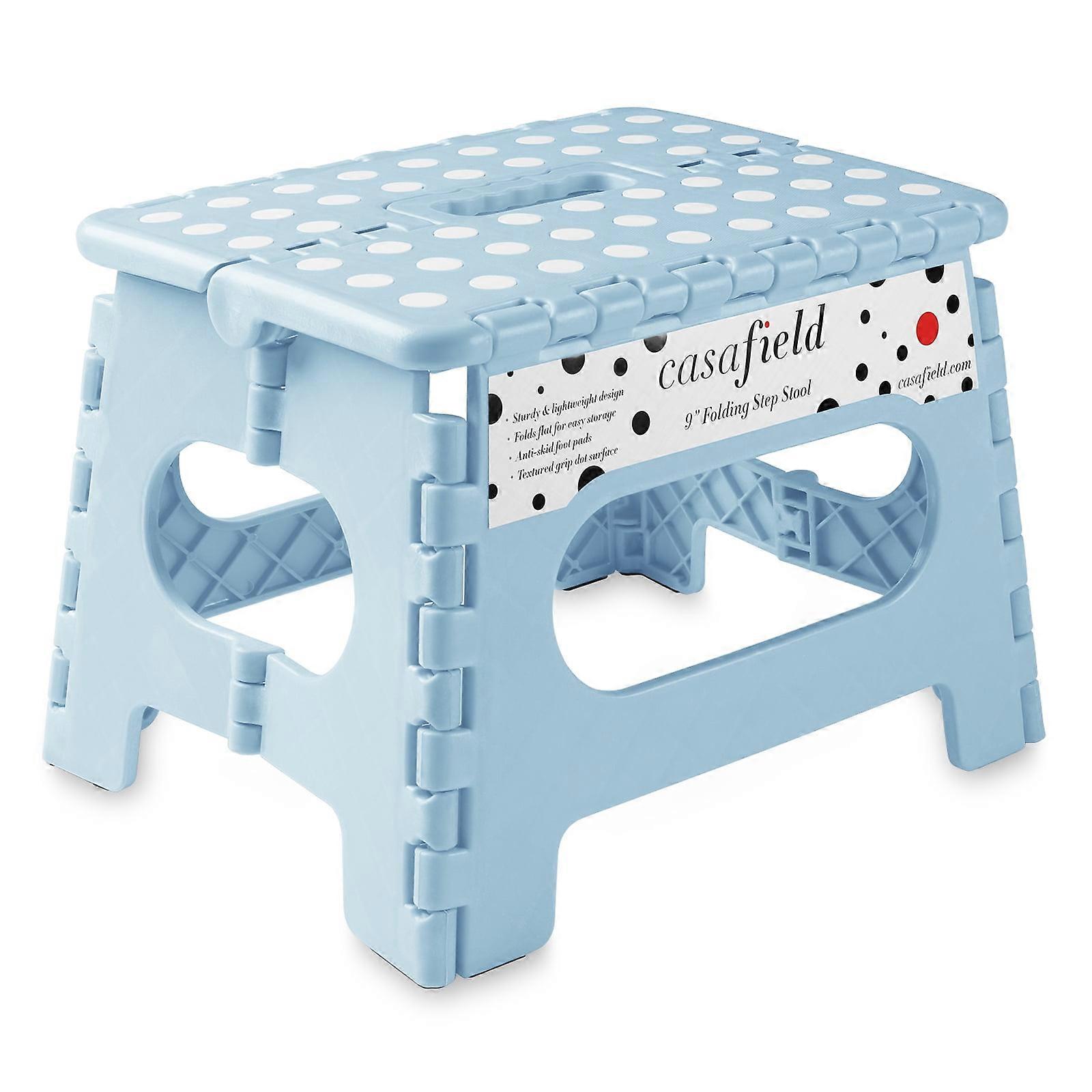 Casafield 9" Folding Step Stool with Handle - Light Blue, Collapsible Foot Stool for Kids and Adults