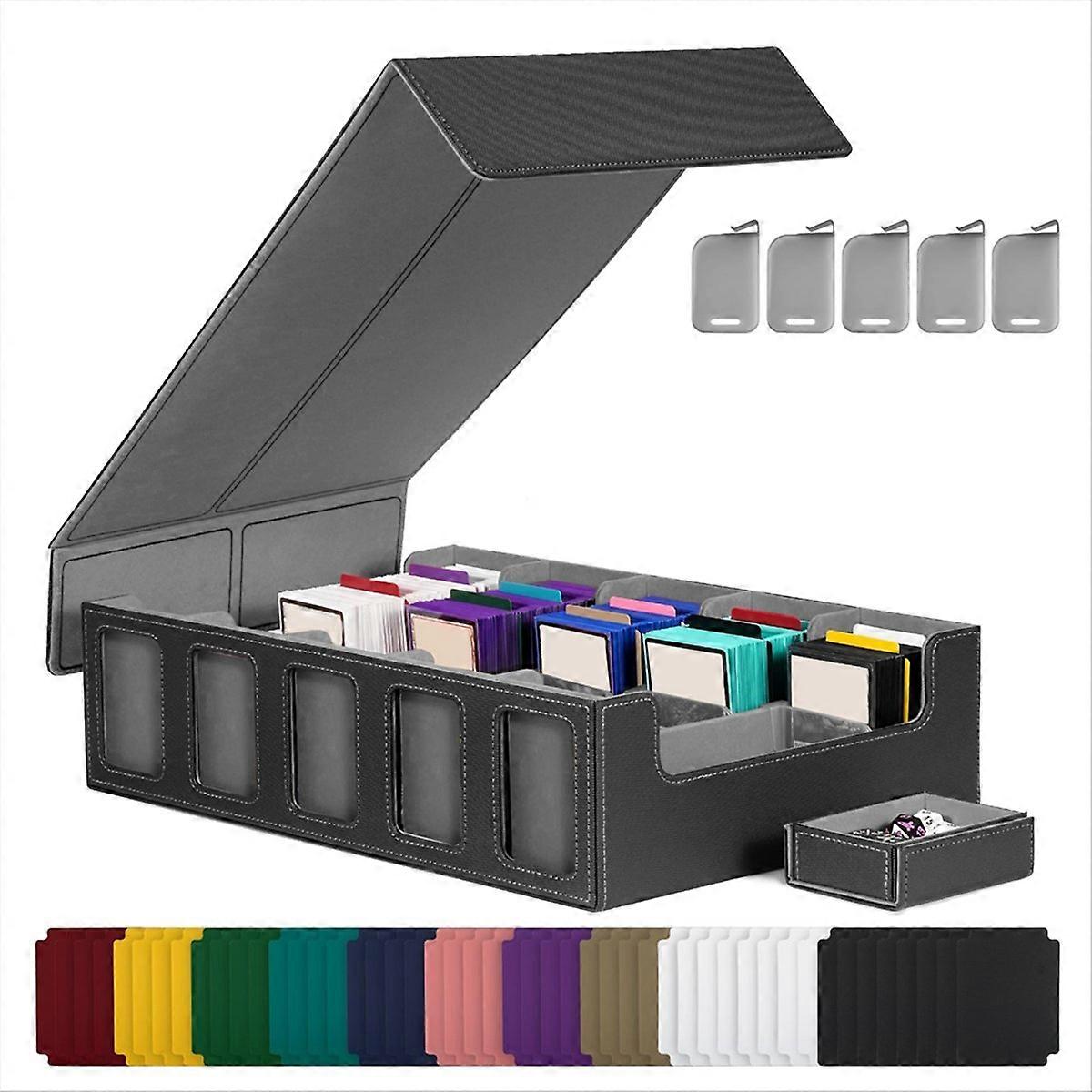 Trading Card Storage Box with Window, 5-Row Deck Case with Removable Lid,Card Deck Box for Game Sports Card Black+Gray