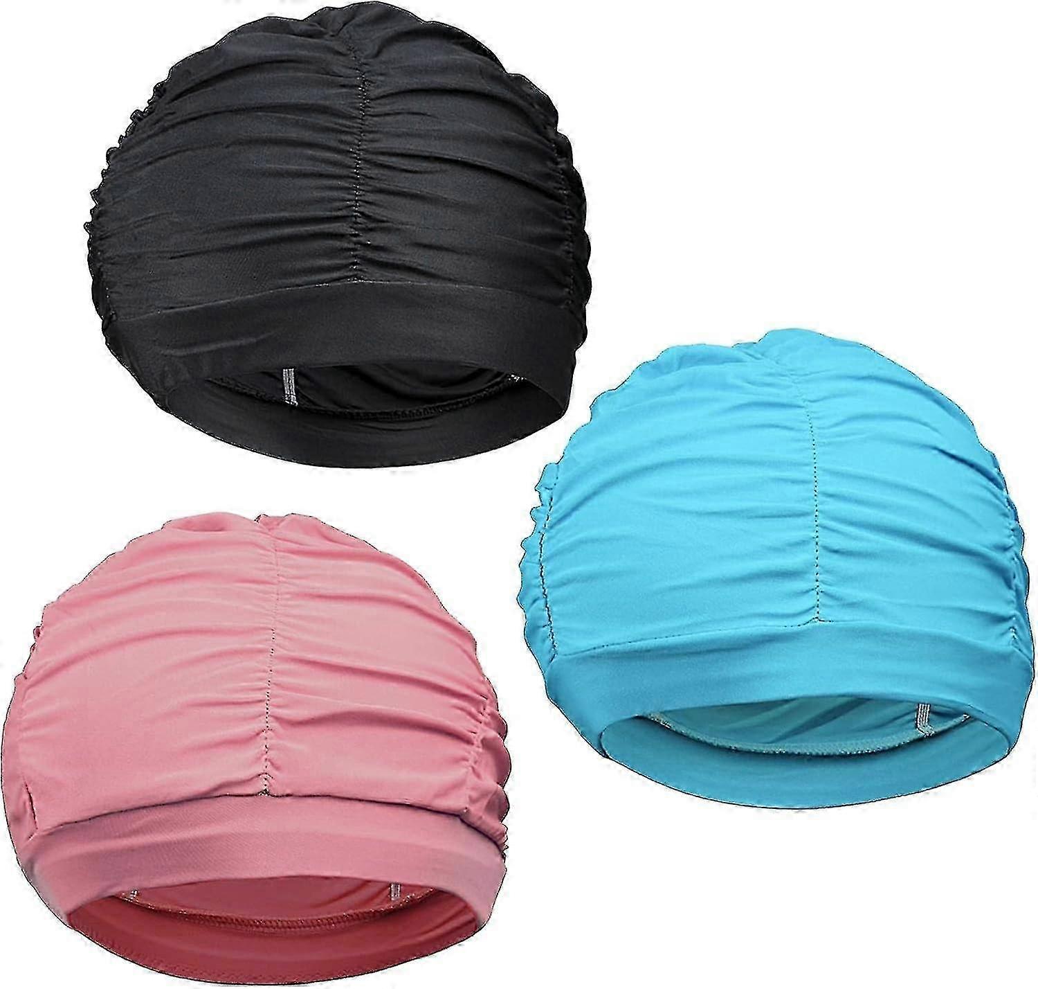 3-pack veckade badmössor för långt hår, ej vattentäta