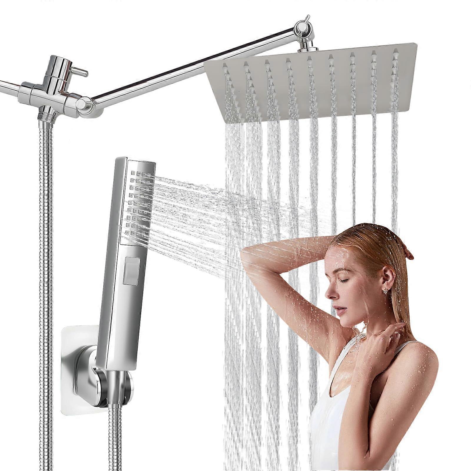 Pressure Rain Shower Head with Handheld, 10 Inch Black Square, 3 Modes, Adjustable Arm