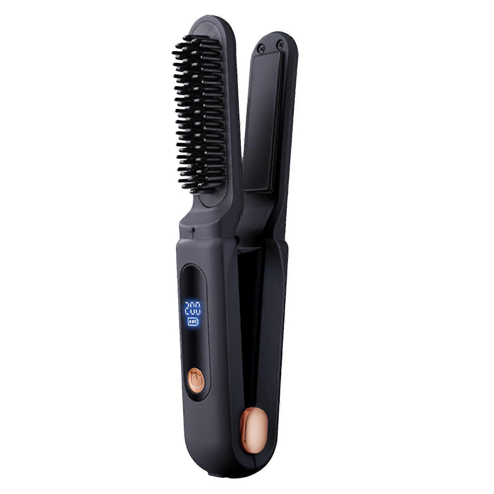 Cordless Hair Straightener Brush 2 in 1 Styling with Fast Heating and Negative Ion Care, Black
