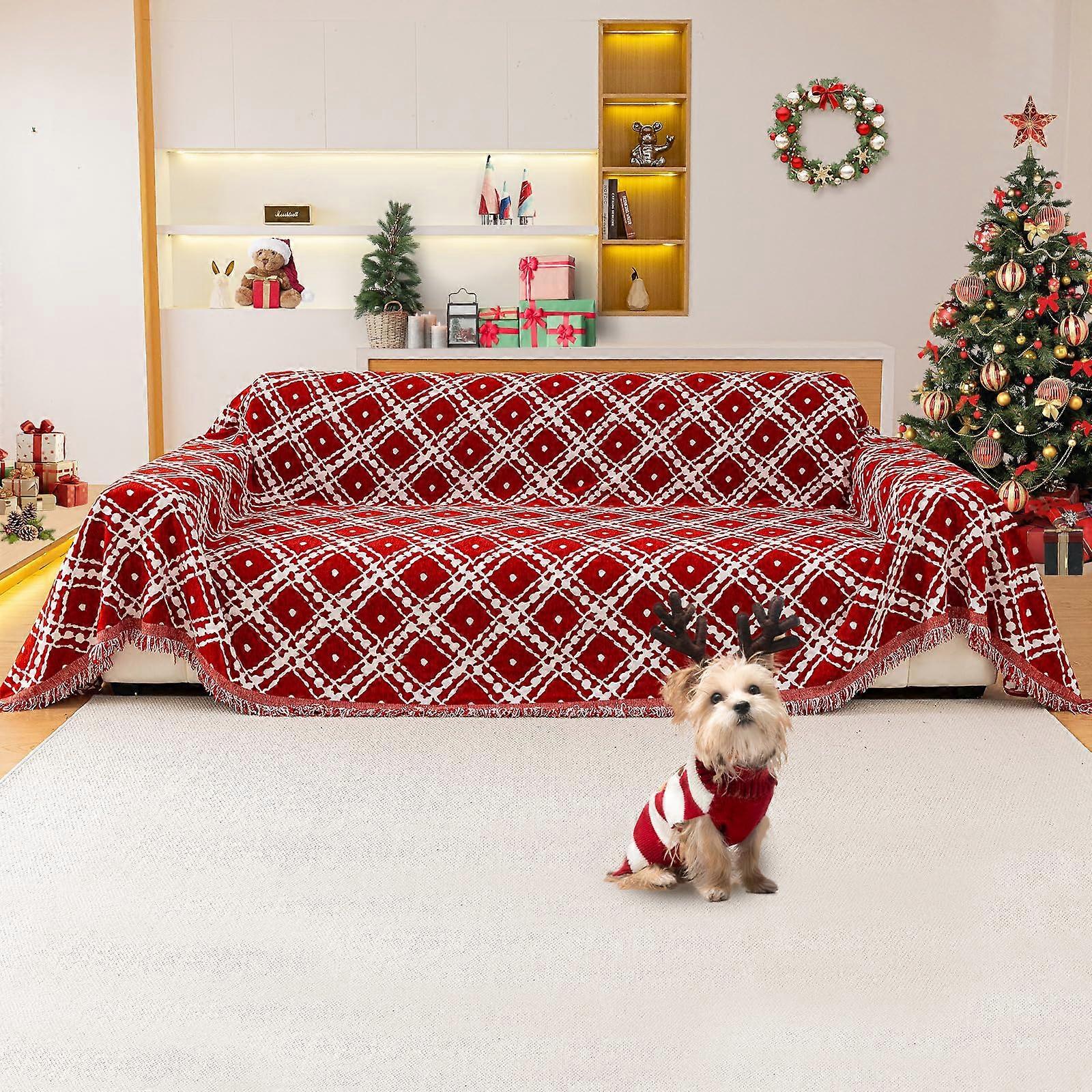 Christmas Sofa Cover Reversible Chenille Couch Protector for 23 Seater, 71x118 Red Blanket