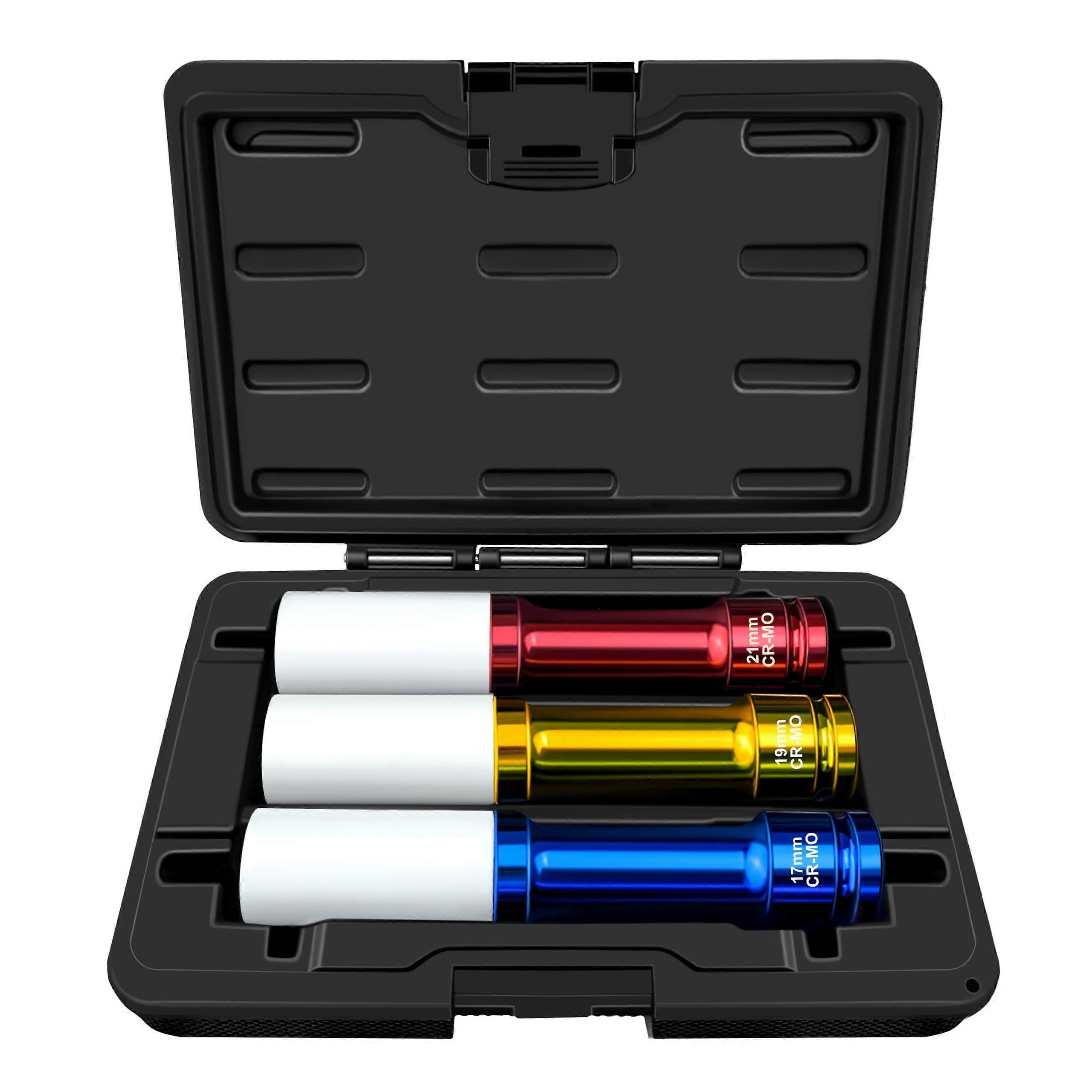 3Pcs 1/2 Inch Drive Impact Lug Nut Socket Set, 150mm Extra Long Thin Wall CRMO Sockets 17 19 21mm