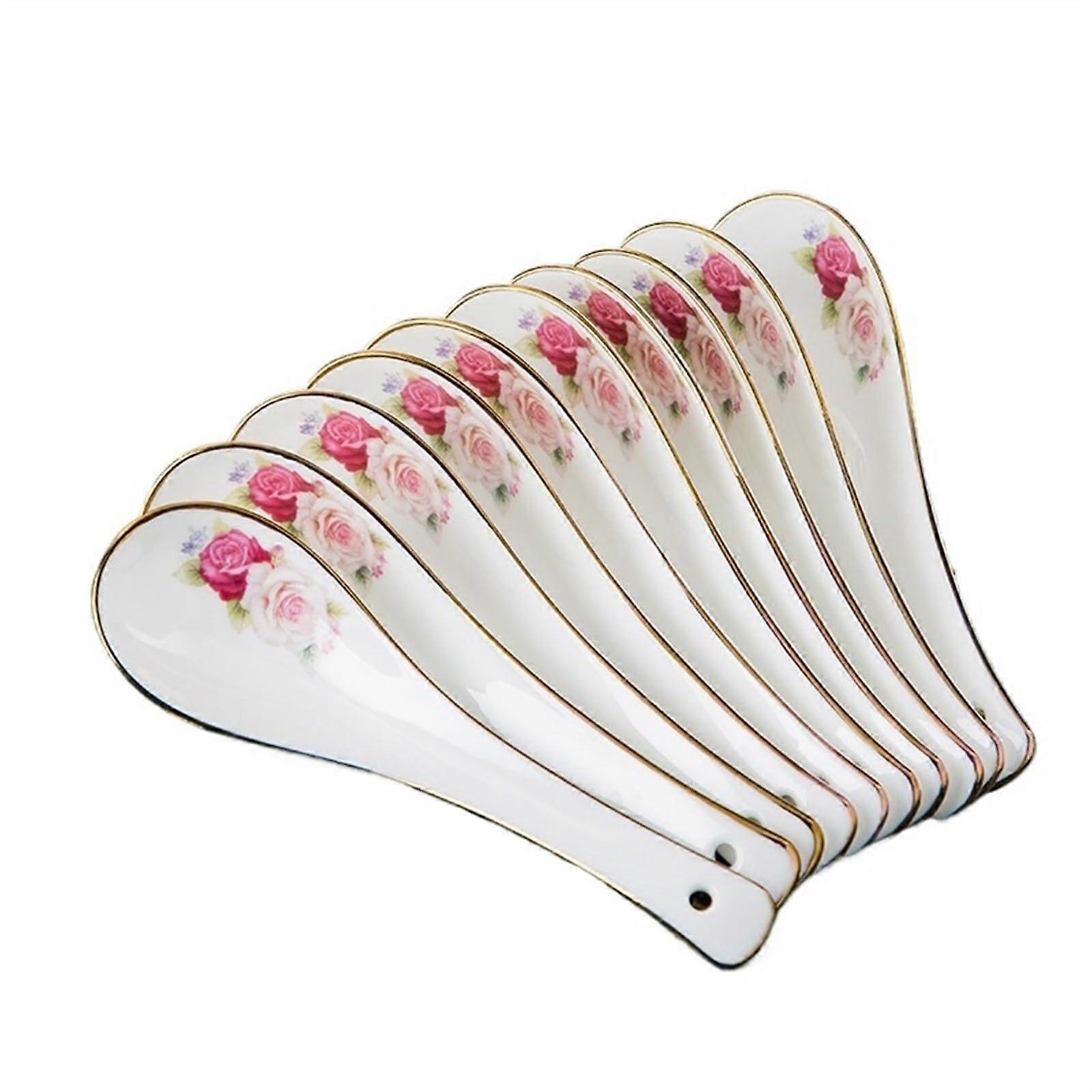 Ceramic Soup Spoon Set 10 Pieces Jingdezhen Porcelain with Elegant Gold Edge for Ramen and Pho