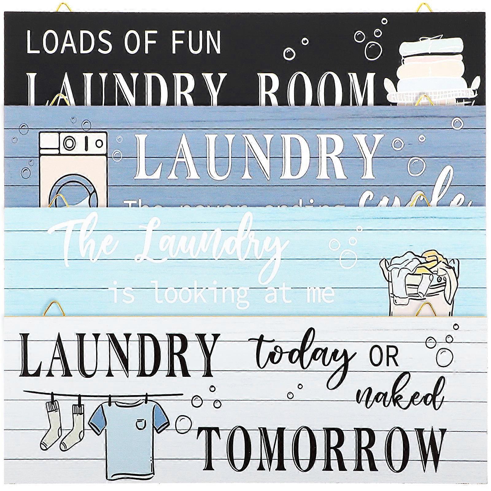 Laundry Room Wooden Sign Decor for Wall Hanging 4Pcs Multi Material