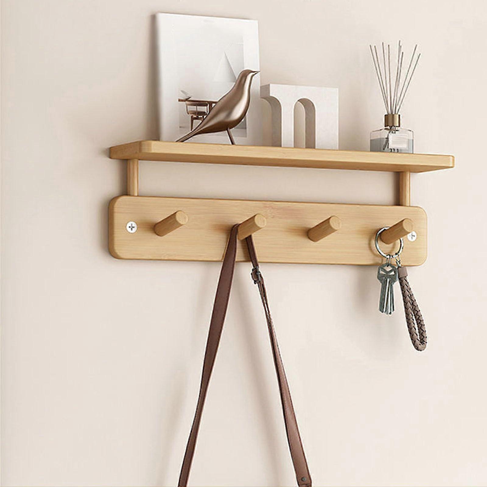 Wall Mounted Coat Rack with Shelf, Durable Bamboo Wood, 4 Hooks, SpaceSaving Entryway Storage