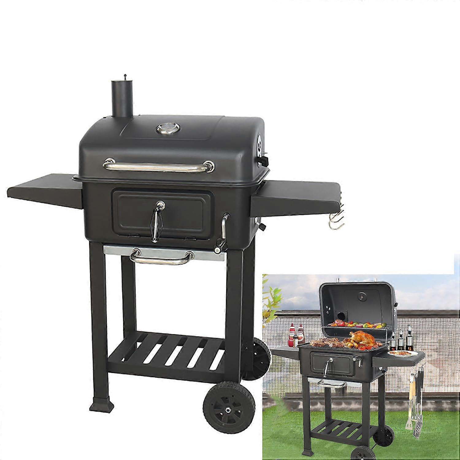 Portable Charcoal BBQ Grill with Wheels, Large Cooking Space, Adjustable Tray, Foldable Side Tables