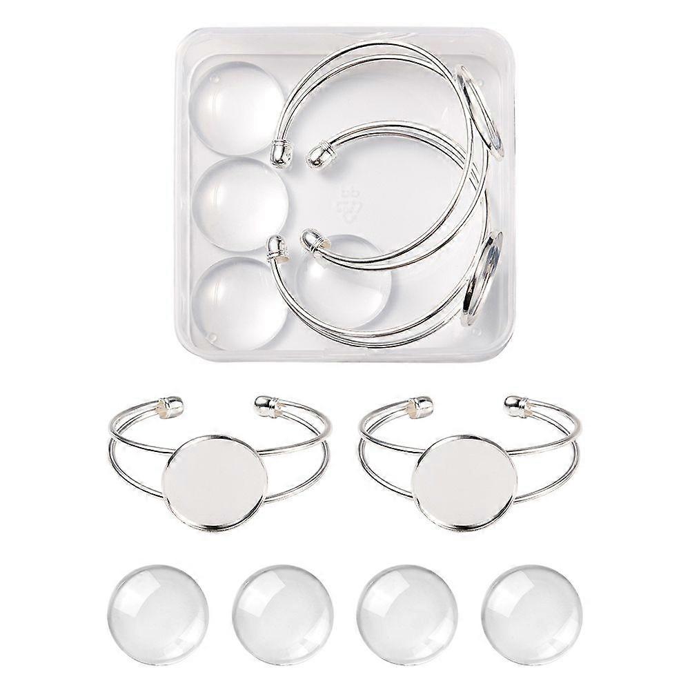 DIY Blank Dome Bangle Making Kit Including Brass Open Cuff Bangle Making with Flat Round Tray Flat Round Glass Cabochons Silver 6pcs/box
