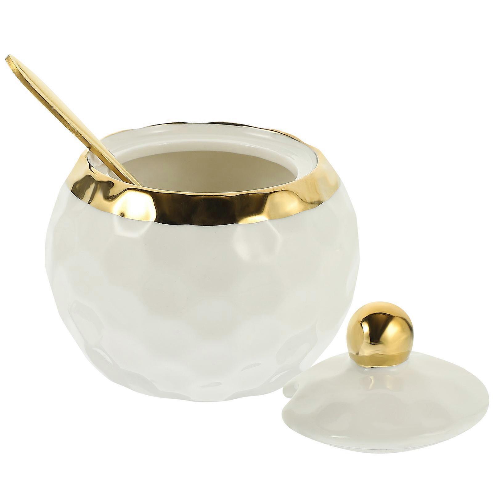White Ceramic Condiment Jar for Storage with Lid and Spoon 1Set