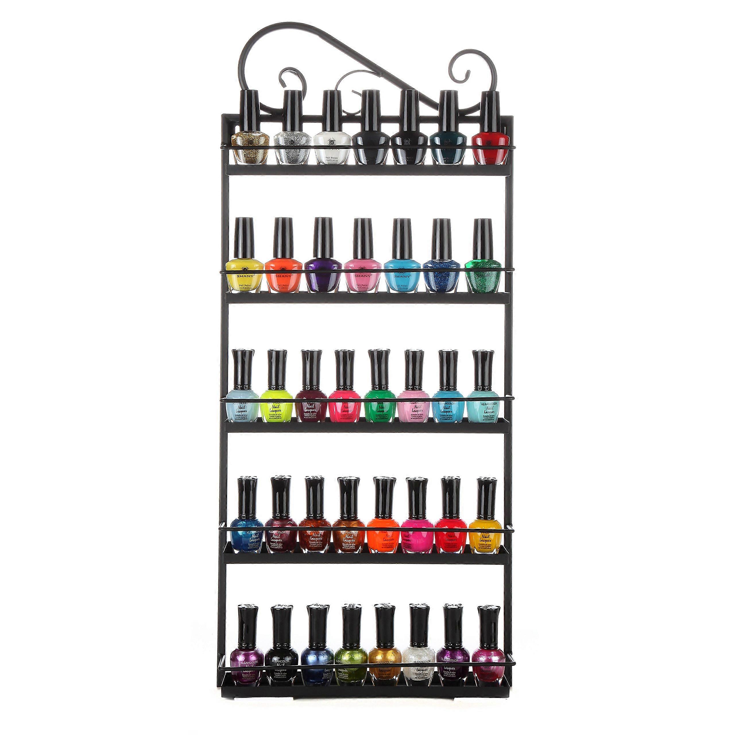 5 Tier Black Metal Wall Mounted Nail Polish Organizer with Scrollwork and SpaceSaving Display