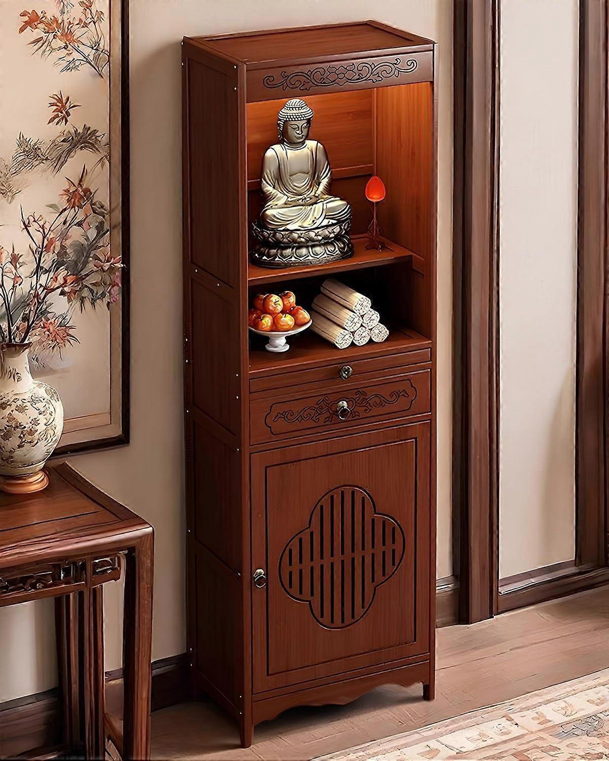 Walnut Finish Buddhist Altar Table with Elegant Vintage Design and Stable Reinforced Structure
