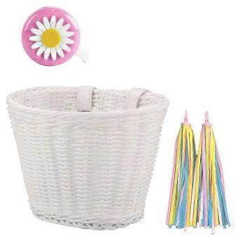 Handwoven Rattan Wicker Bicycle Front Basket Set with Bell and Stickers, Adjustable PE Handlebar Basket, White