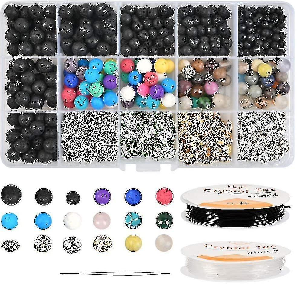 Assorted Lava Stone Beads Kit For Bracelet Making, Black And Colored Natural Stones With Spacer Bead
