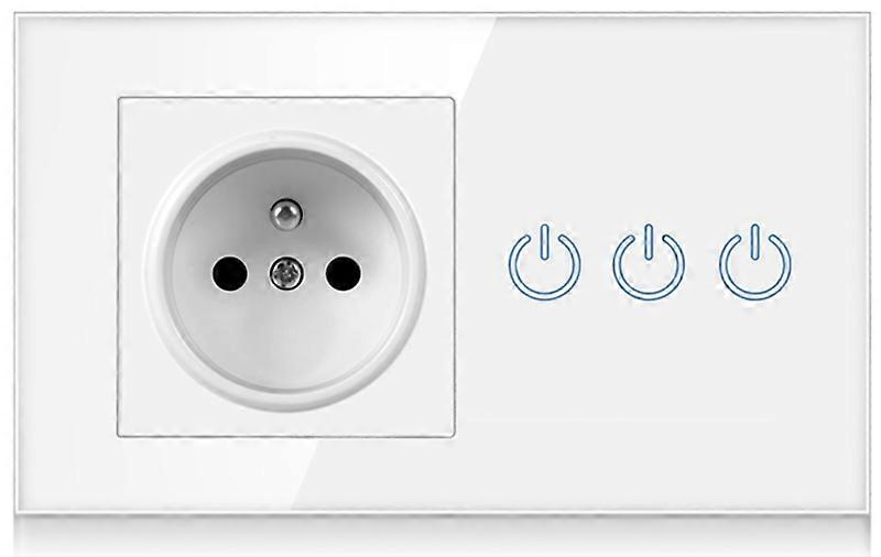 EU Smart 3 Gang Touch Light Switch +16A French Socket Outlet With White Crystal Glass Panel