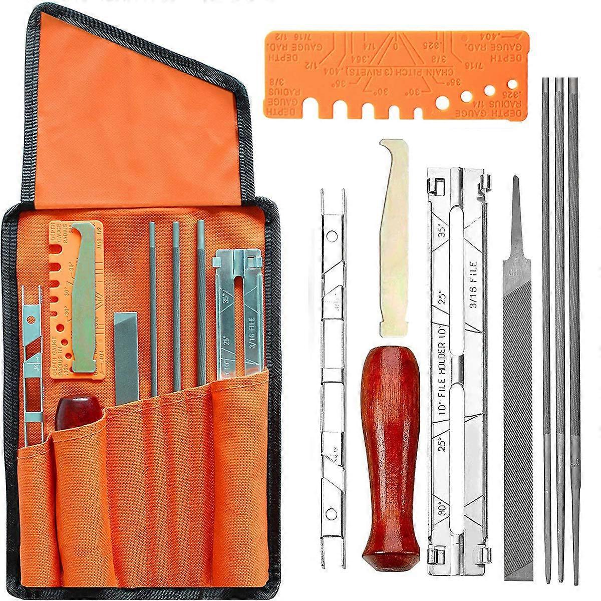 10 Piece Chainsaw Chain Sharpening and Guide Maintenance Kit, Chain Sharpening Kit with 5/32 3/16 7/32 Round File, Guide, Flat File, Handle, Gauge and