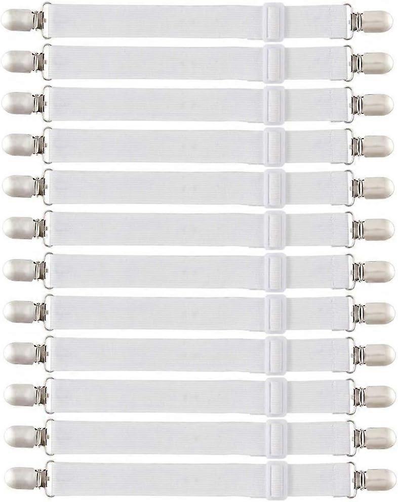 12 Pack Adjustable Elastic Bed Sheet Grippers with Metal Clips for Bed Sheets, Mattress, Ironing Board or Sofa - White