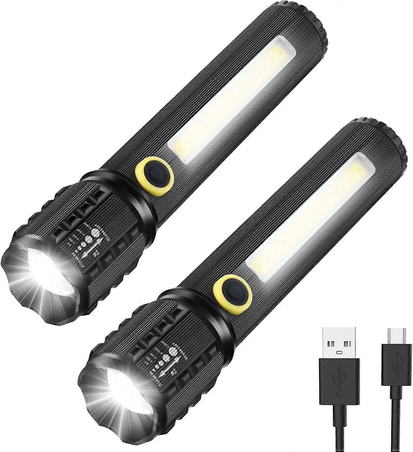 LED Flashlight, 2 Pack FlashlightAdjustable and Zoomable Bright Flashlights, Emergency Rechargeable LED Flashlight, 14cm
