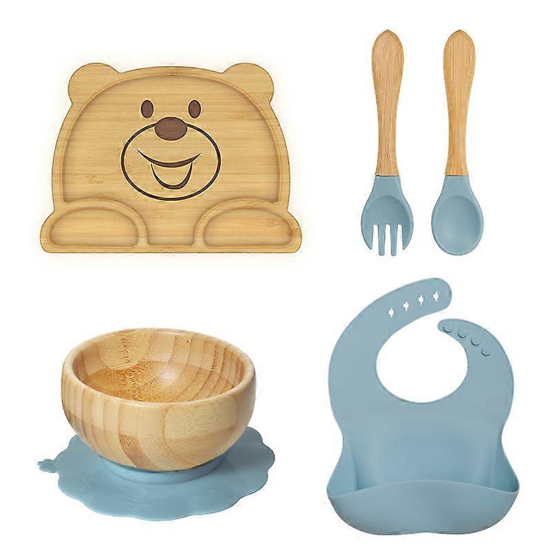 Tiny Dining Children's Bamboo Tableware Set Tallrik Skål sked med Stay Put Suction Blue
