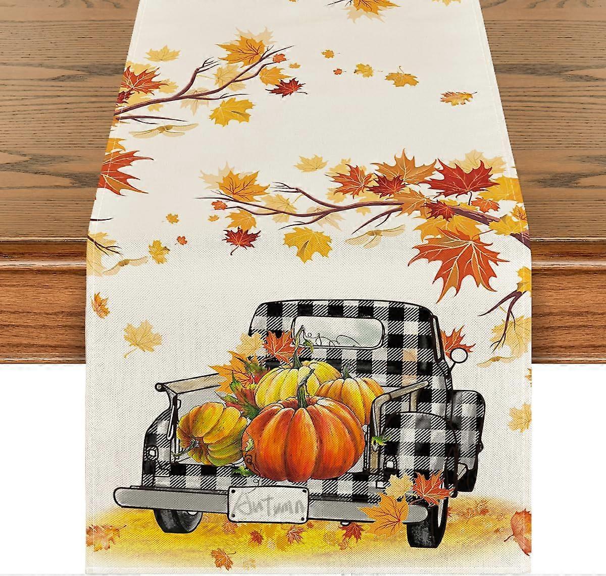 Truck Pumpkins Maple Leaves Fall Table Runner, Holiday Party Decor