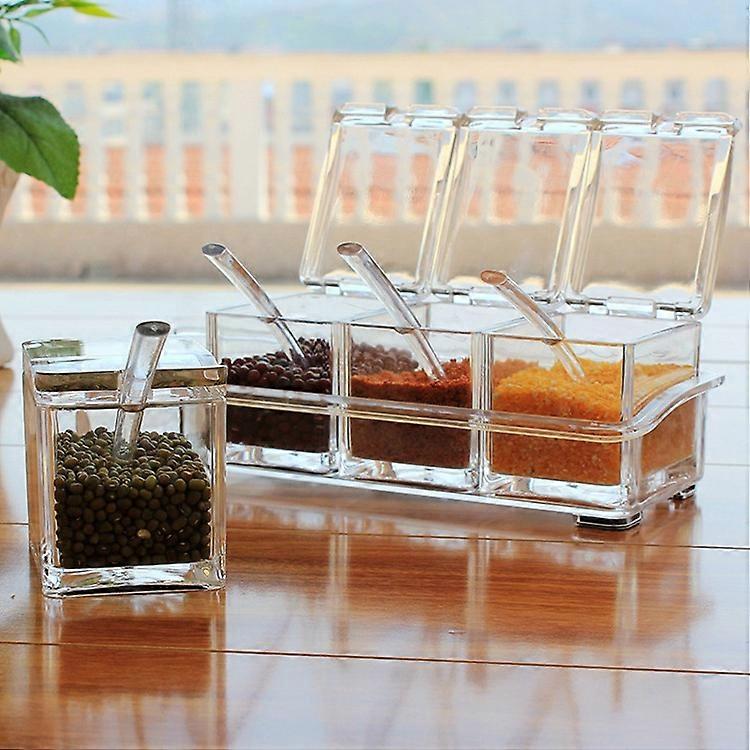 Seasoning Box -Condiment Jars with Tray and Spoons (Transparent)