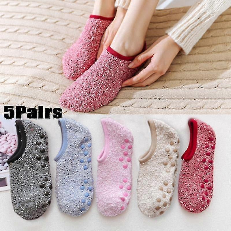 5Pairs floor boat socks for women men winter warm cotton plush breathable non-slip socks solid short socks slippers indoor