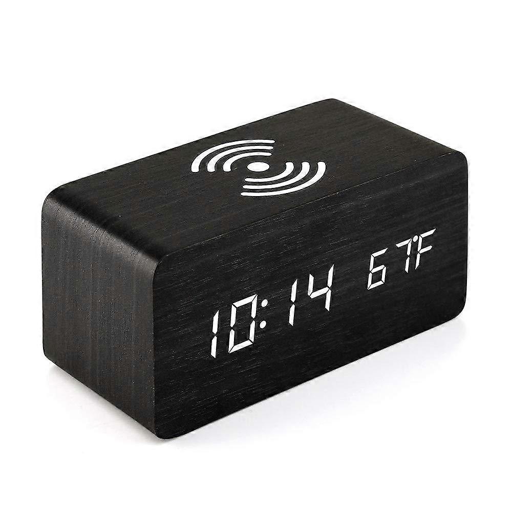 Wooden Alarm Clock With Qi Wireless Charger Compatible With Iphone Samsung Wooden Led Digital Clock Sound Control Function- Bamboo