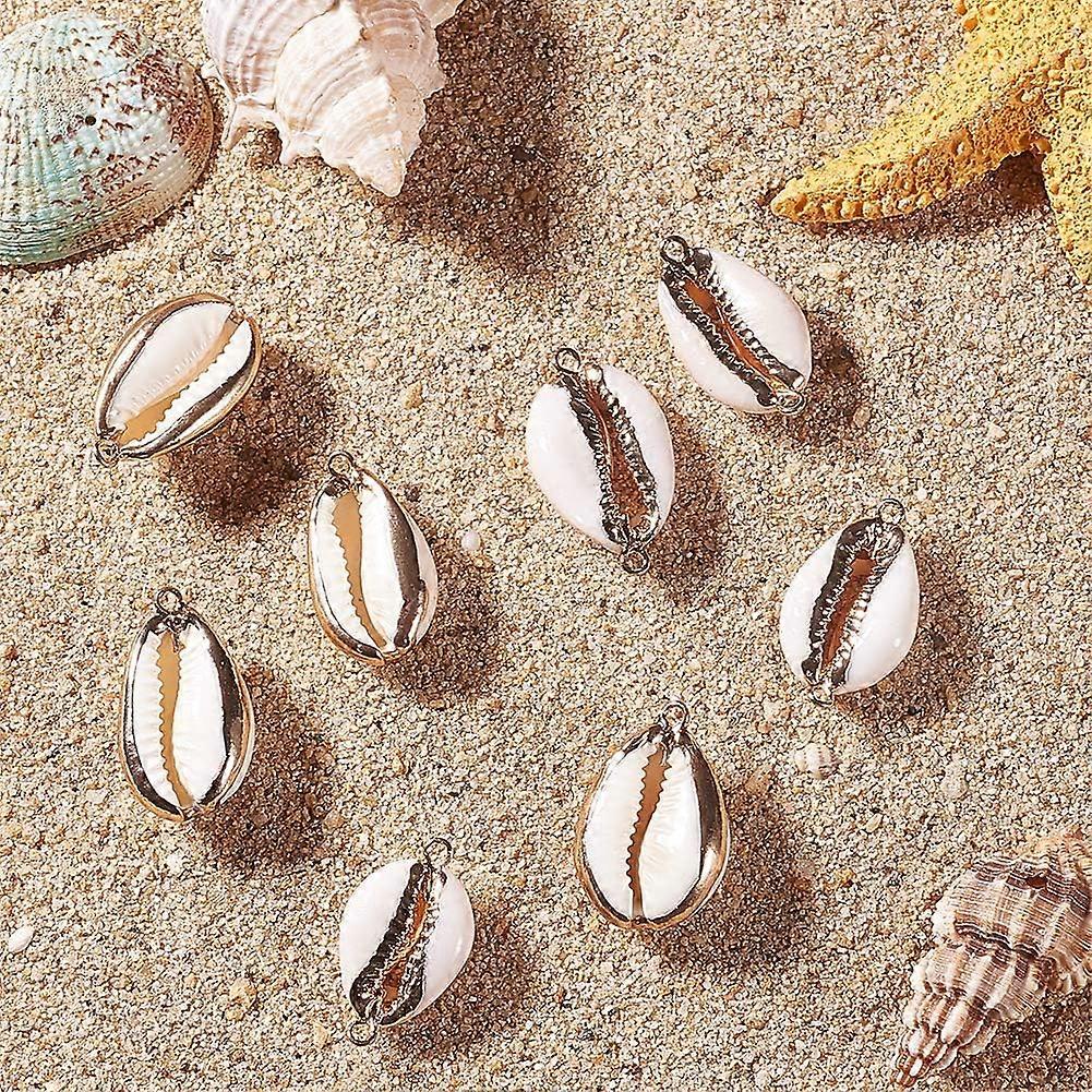 1 Box 10Pcs Oval Ocean Beach Spiral Seashells Craft Charms Connectors Cowrie Shell Jewelry Charms with Plated Real Gold Double Loop Bail Connector for