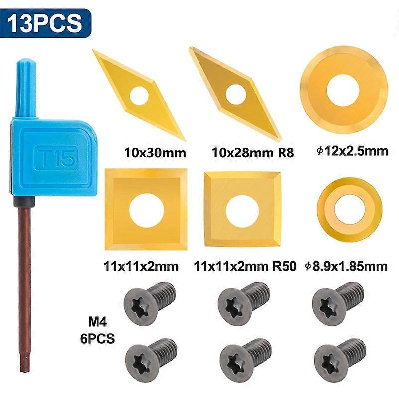 XCAN Carbide Insert 7/8/10/12/13pcs Titanium Coated Wood Lathe Turning Tool Blade Replacement Diamon