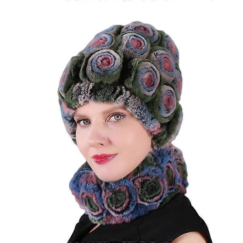 A hat and a round women's rabbit fur hat2 piece set