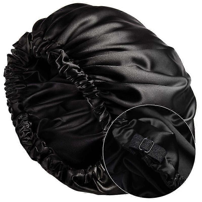 Double Layer Satin Hair Sleep Cap, Adjustable Extra Large Size (l, Black)