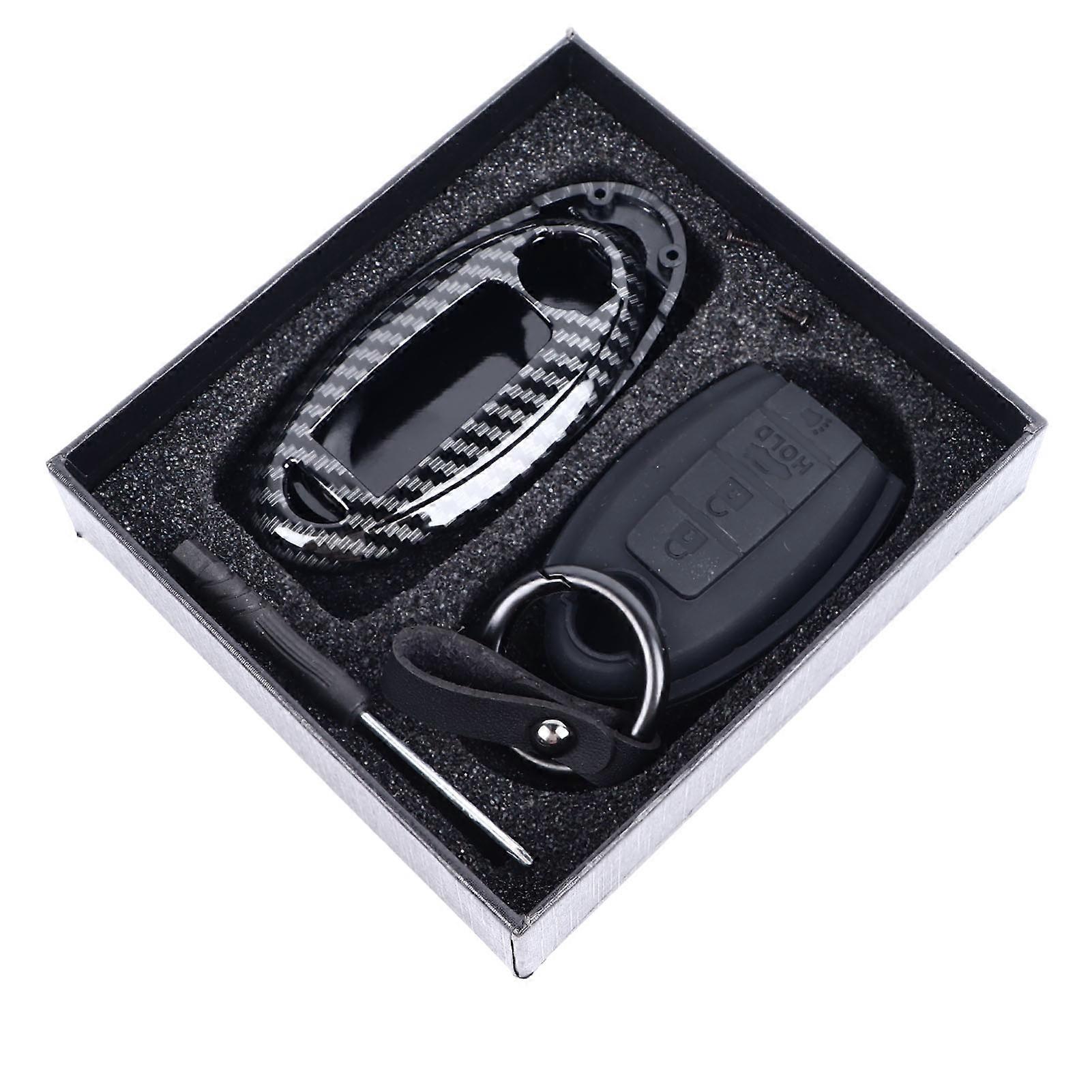 Car Key Case Cover Replacement for Teana Qashqai X-Trail Tiida with Key Chain and 4 Buttons Carbon Fiber Black Style