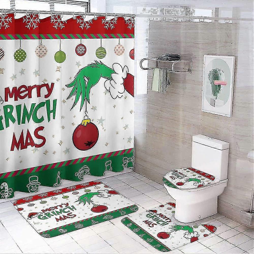 4 Pcs Grinch Pattern Shower Curtain Set Non-transparency Easy To Install For Bathroom Accessories Set