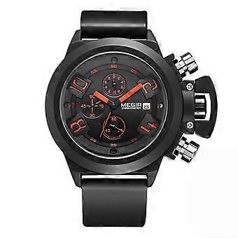 Fashion Megir Mens Silicone Band Sport Quartz Wrist Watches Analog Display Chronograph Black Watch For Man With Calendar 2002