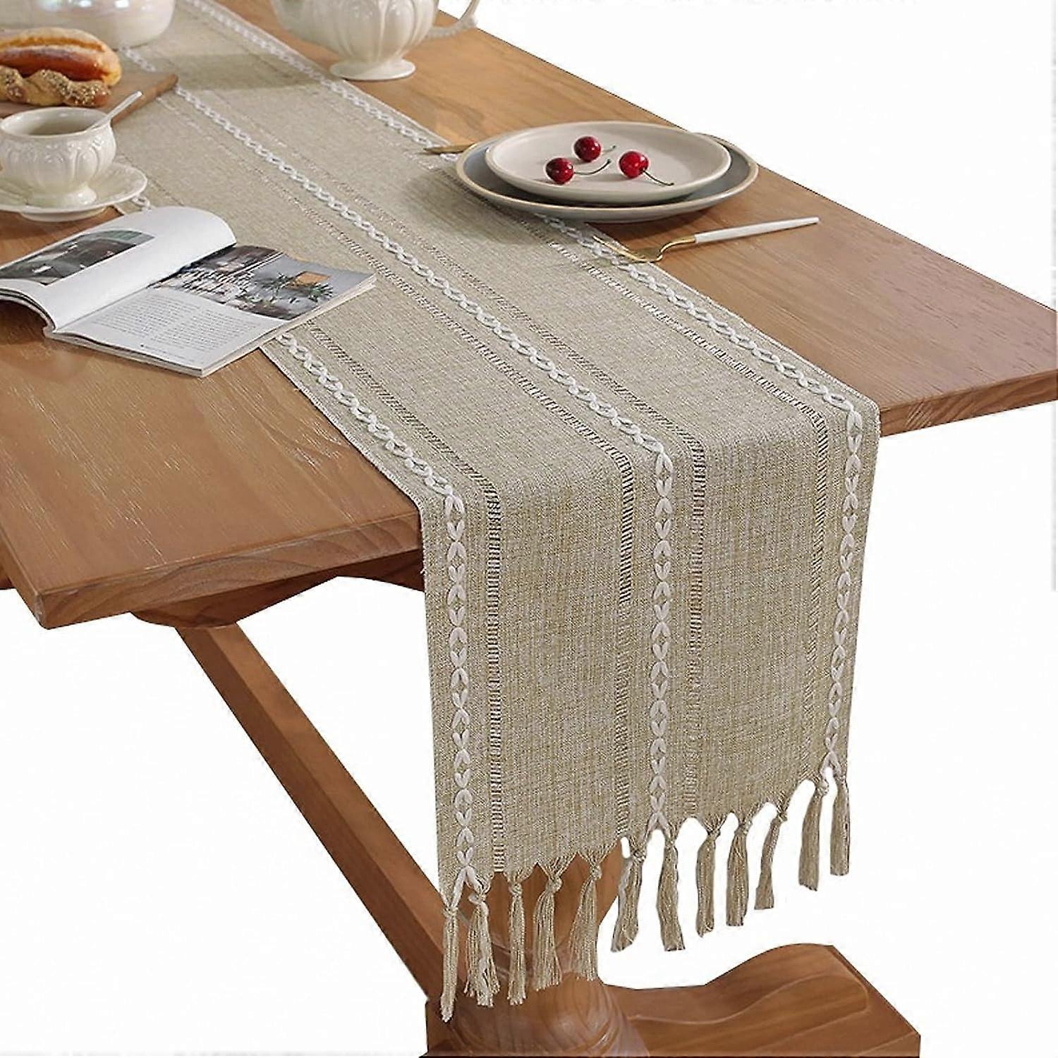 Sage Green Table Runners Weave Striped Table Runner with Tassel(Yellow,33*183)