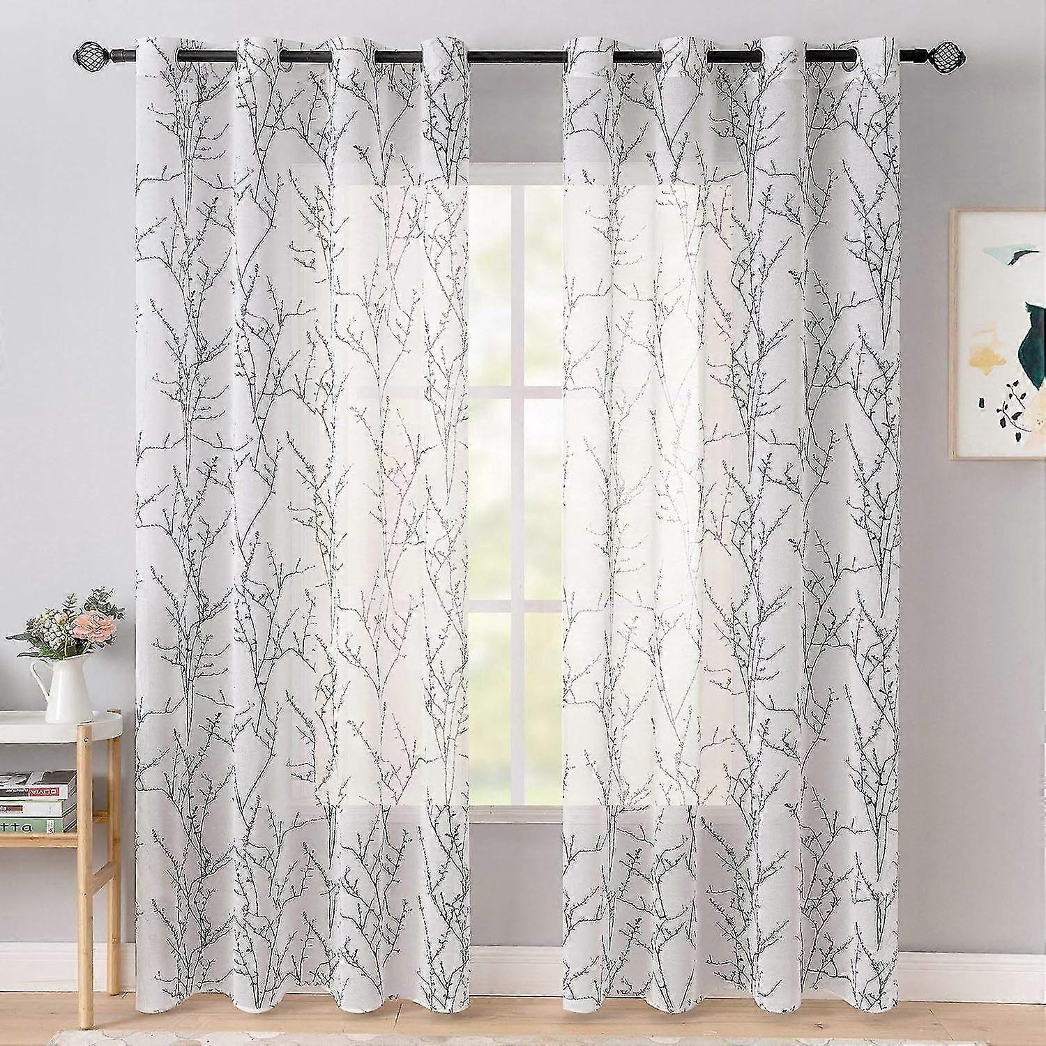 2 Panel Curtain Branch Pattern Printed Translucent Curtain Smooth Elegant Durable Decor 140x160CM(LXH) Black