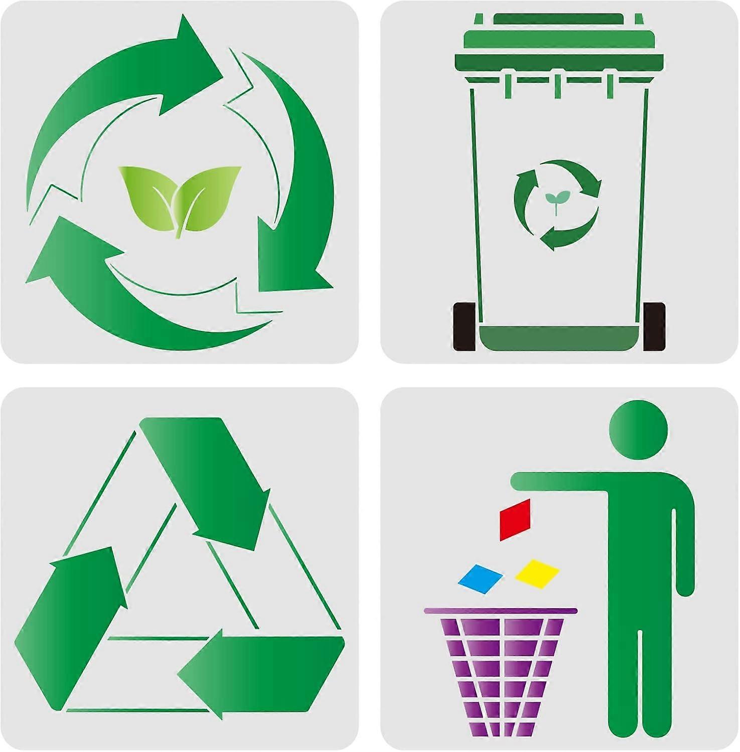 4pcs Recycle Logo Stencil 11.8x11.8inch Trash Can Signs Drawing Stencils Environmental Protection Theme Stencils for Painting on Garbage Containers